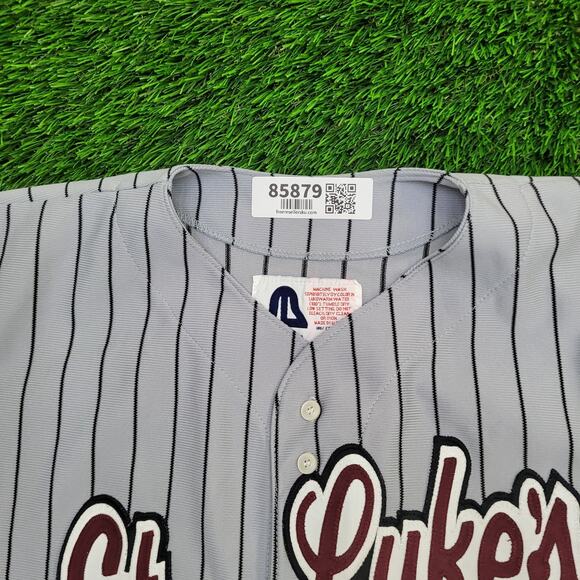 Vintage 80s St-Lukes Baseball Jersey Shirt Large 23x30 Gray Baggy Stripes - Picture 7 of 13